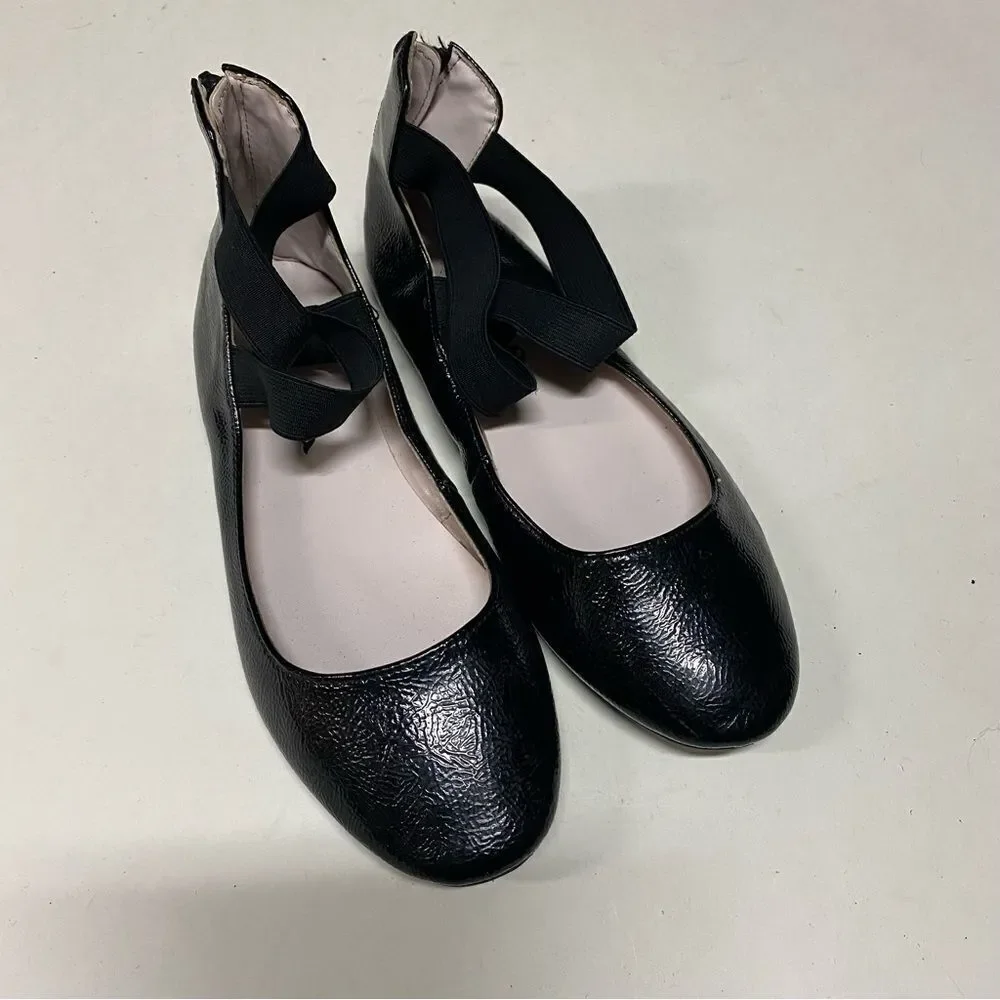 NINA MARISSA BLACK CRINKLE PATENT Mary Jane ballet flat dress shoe elastic 4